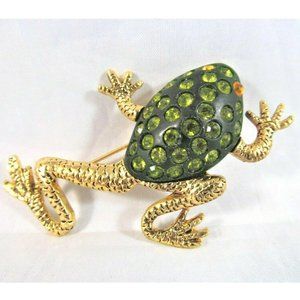 Leaping Frog Brooch with Green Orange Rhinestones on Gold tone Textured Metal